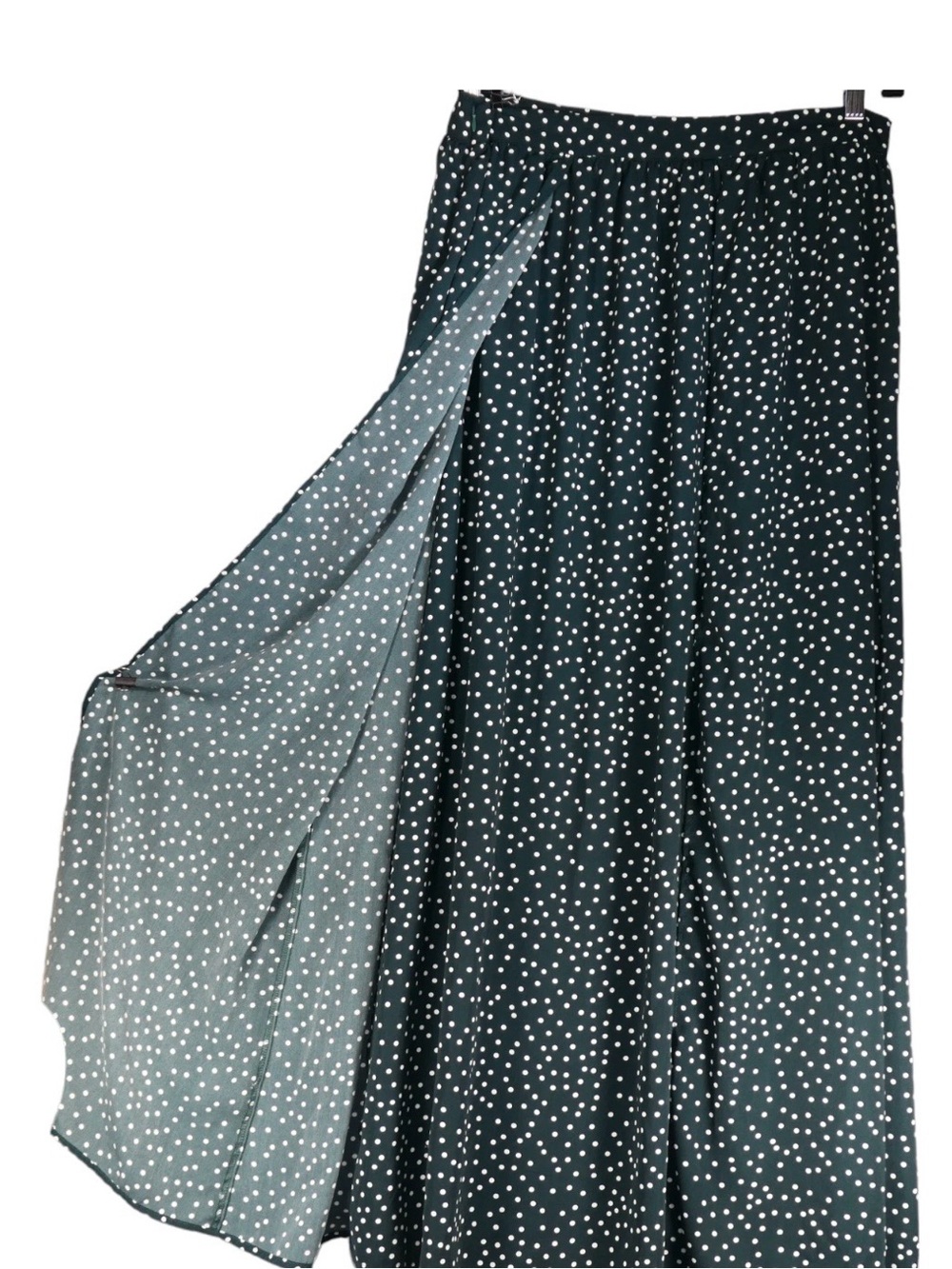 SHEIN Dark Green Maxi Skirt with White Polka Dots, Slits, Excellent Condition